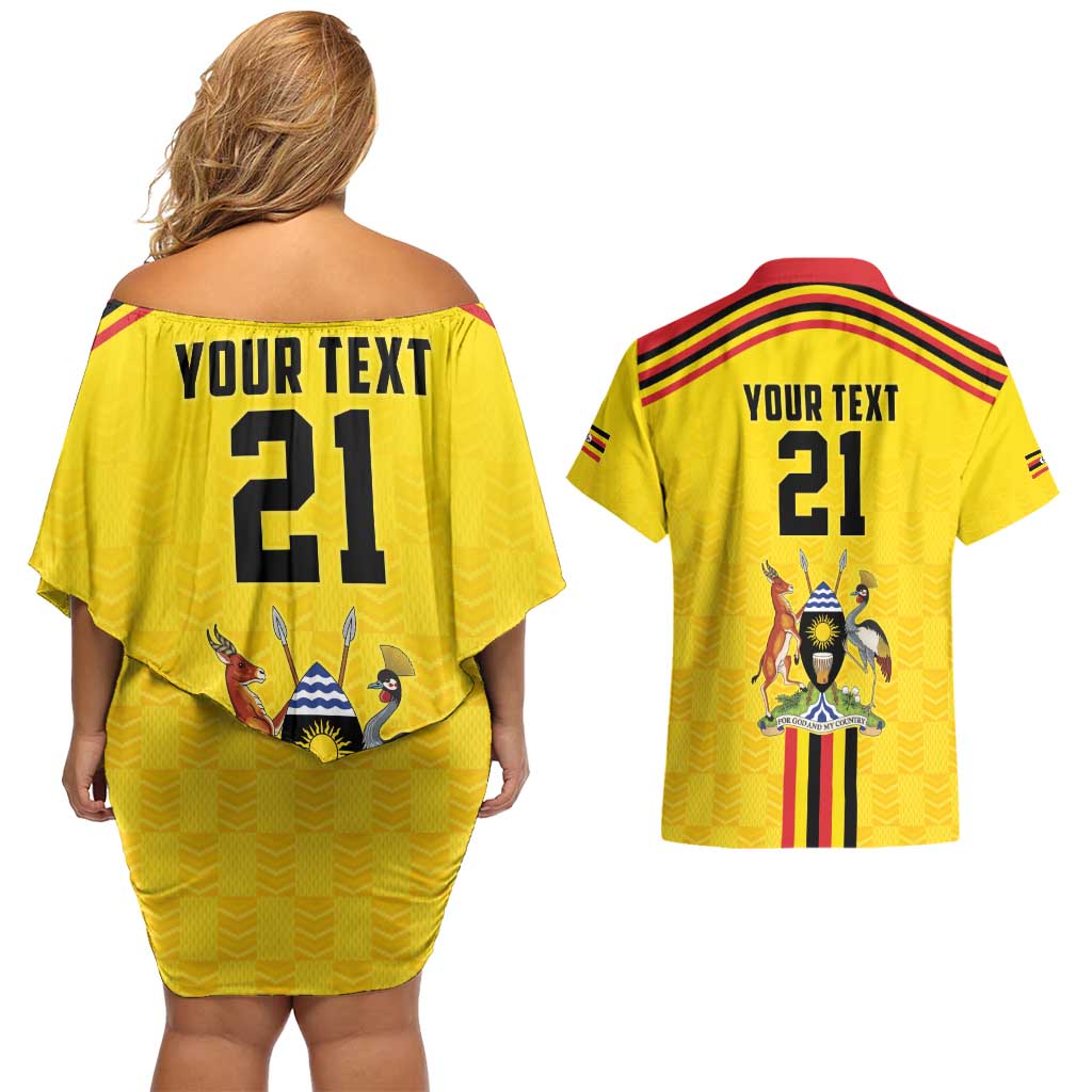 Uganda Cricket Custom Couples Matching Off Shoulder Short Dress and Hawaiian Shirt Cranes Cricket Ball Fire - Wonder Print Shop