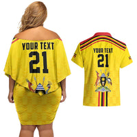 Uganda Cricket Custom Couples Matching Off Shoulder Short Dress and Hawaiian Shirt Cranes Cricket Ball Fire - Wonder Print Shop