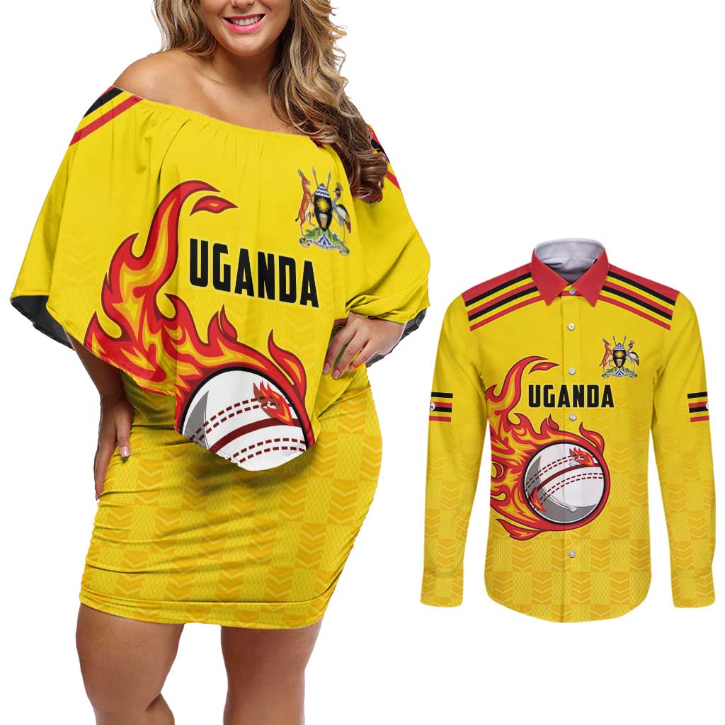 Uganda Cricket Custom Couples Matching Off Shoulder Short Dress and Long Sleeve Button Shirt Cranes Cricket Ball Fire - Wonder Print Shop
