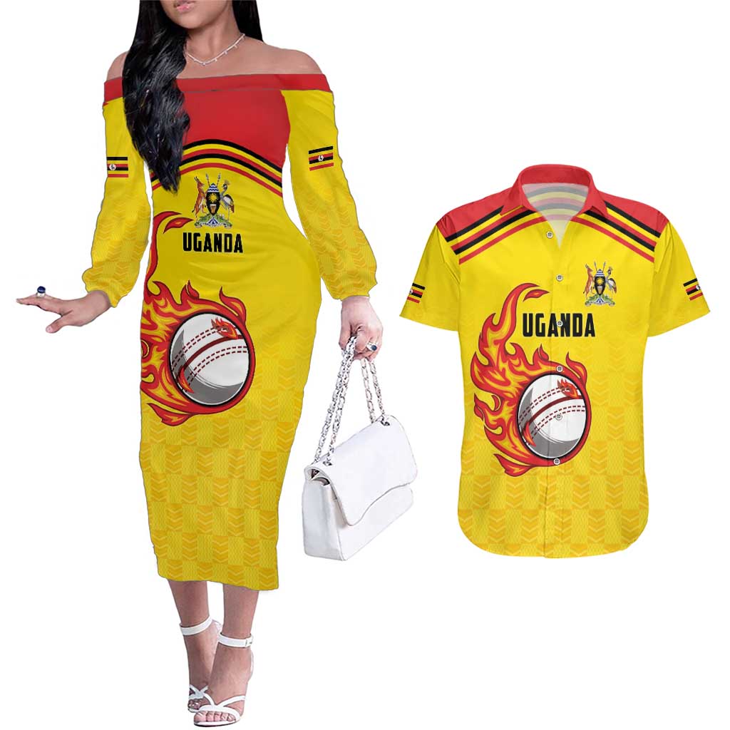 Uganda Cricket Custom Couples Matching Off The Shoulder Long Sleeve Dress and Hawaiian Shirt Cranes Cricket Ball Fire - Wonder Print Shop