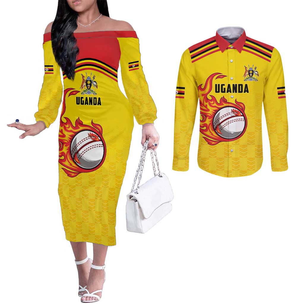 Uganda Cricket Custom Couples Matching Off The Shoulder Long Sleeve Dress and Long Sleeve Button Shirt Cranes Cricket Ball Fire - Wonder Print Shop