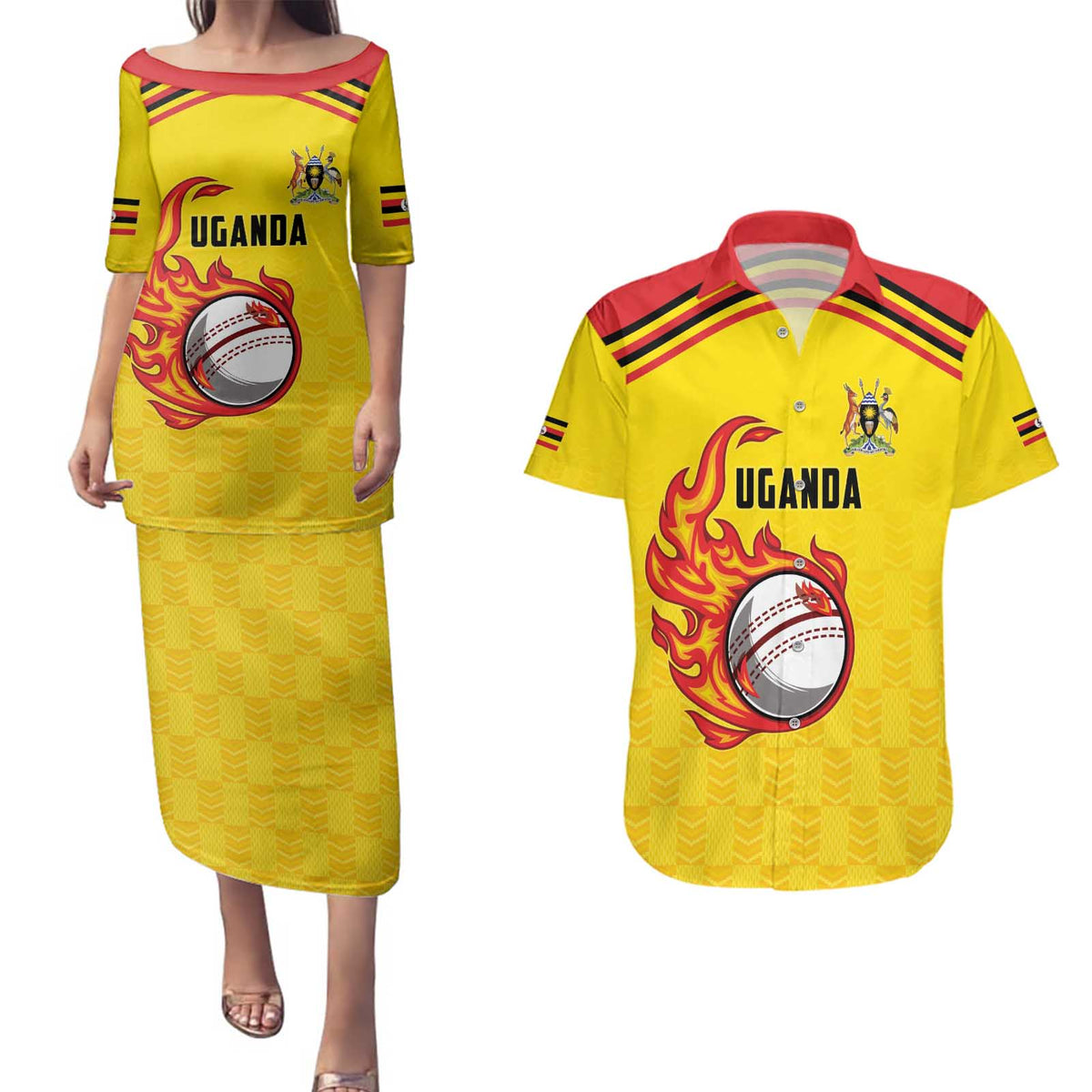 Uganda Cricket Custom Couples Matching Puletasi and Hawaiian Shirt Cranes Cricket Ball Fire - Wonder Print Shop
