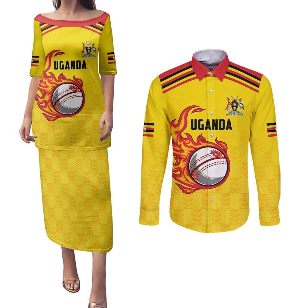 Uganda Cricket Custom Couples Matching Puletasi and Long Sleeve Button Shirt Cranes Cricket Ball Fire - Wonder Print Shop