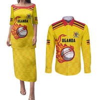 Uganda Cricket Custom Couples Matching Puletasi and Long Sleeve Button Shirt Cranes Cricket Ball Fire - Wonder Print Shop