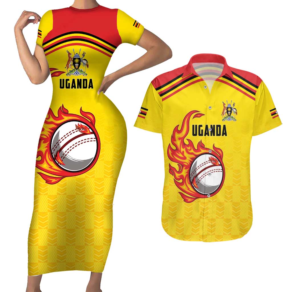 Uganda Cricket Custom Couples Matching Short Sleeve Bodycon Dress and Hawaiian Shirt Cranes Cricket Ball Fire - Wonder Print Shop