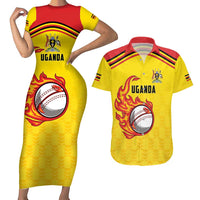 Uganda Cricket Custom Couples Matching Short Sleeve Bodycon Dress and Hawaiian Shirt Cranes Cricket Ball Fire - Wonder Print Shop