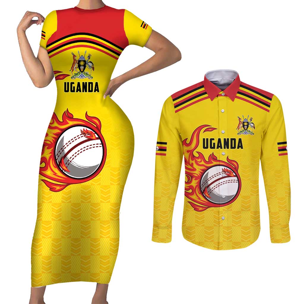 Uganda Cricket Custom Couples Matching Short Sleeve Bodycon Dress and Long Sleeve Button Shirt Cranes Cricket Ball Fire - Wonder Print Shop