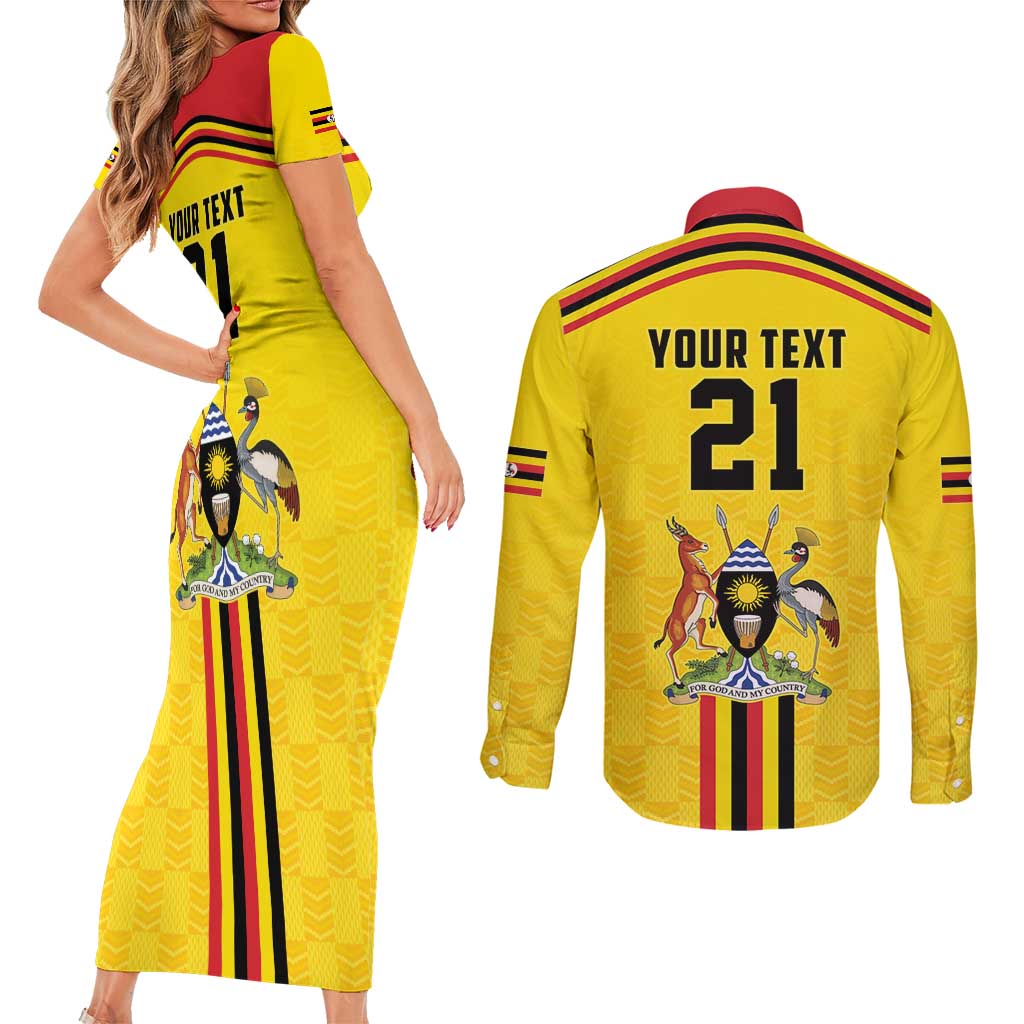 Uganda Cricket Custom Couples Matching Short Sleeve Bodycon Dress and Long Sleeve Button Shirt Cranes Cricket Ball Fire - Wonder Print Shop