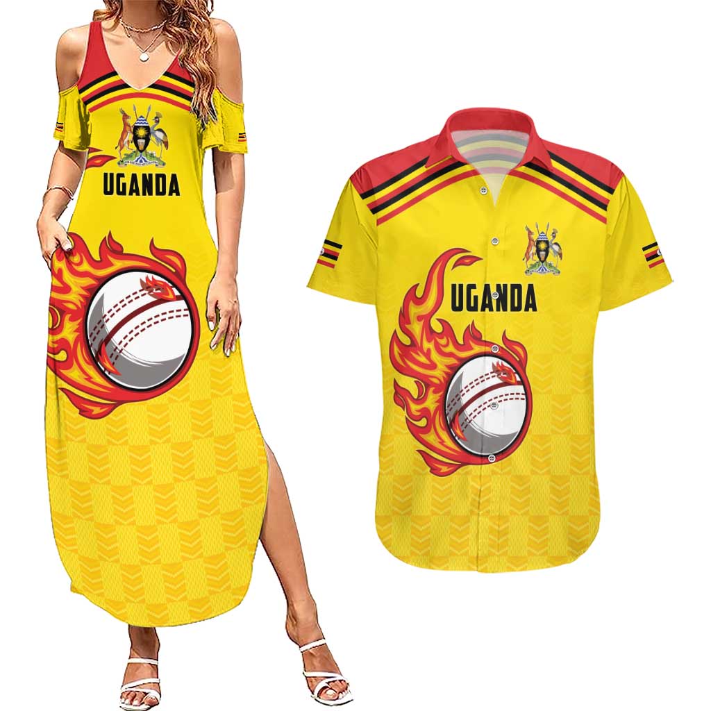 Uganda Cricket Custom Couples Matching Summer Maxi Dress and Hawaiian Shirt Cranes Cricket Ball Fire - Wonder Print Shop