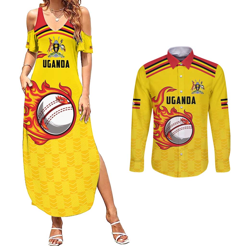 Uganda Cricket Custom Couples Matching Summer Maxi Dress and Long Sleeve Button Shirt Cranes Cricket Ball Fire - Wonder Print Shop