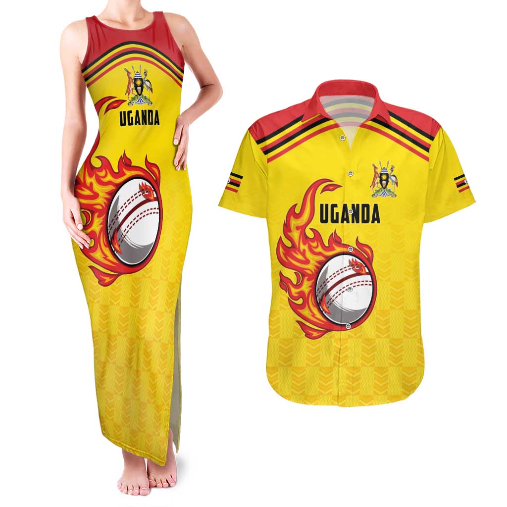 Uganda Cricket Custom Couples Matching Tank Maxi Dress and Hawaiian Shirt Cranes Cricket Ball Fire - Wonder Print Shop