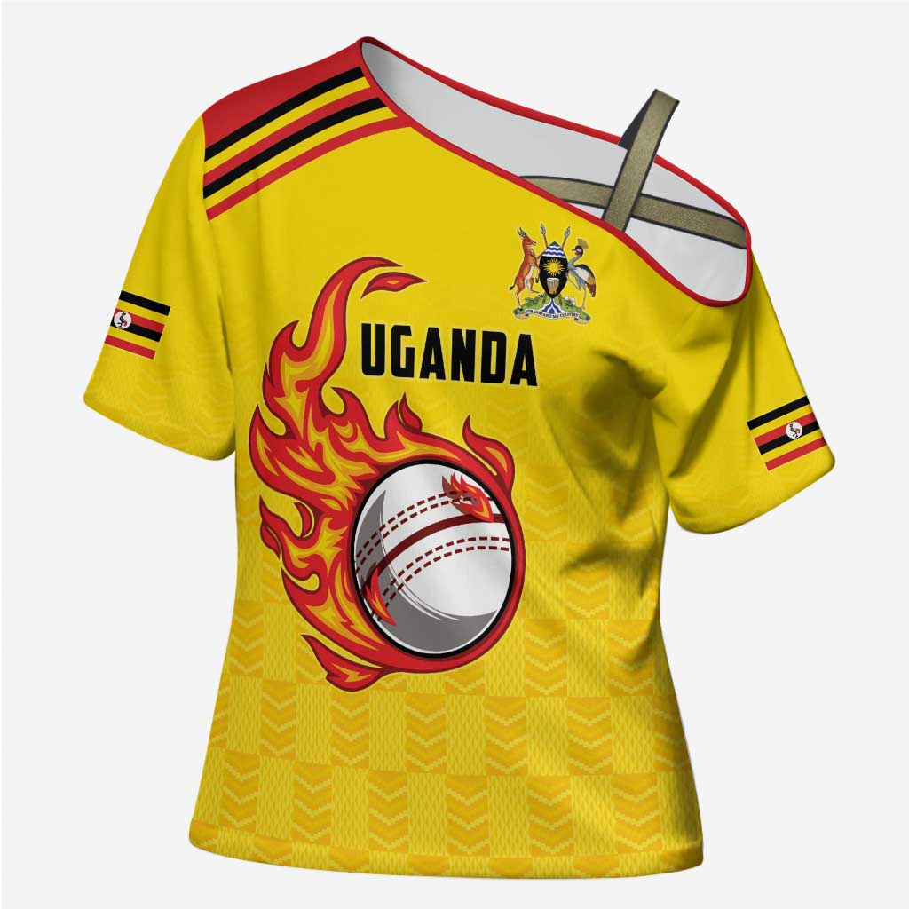Uganda Cricket Custom Cross Shoulder Shirt Cranes Cricket Ball Fire - Wonder Print Shop