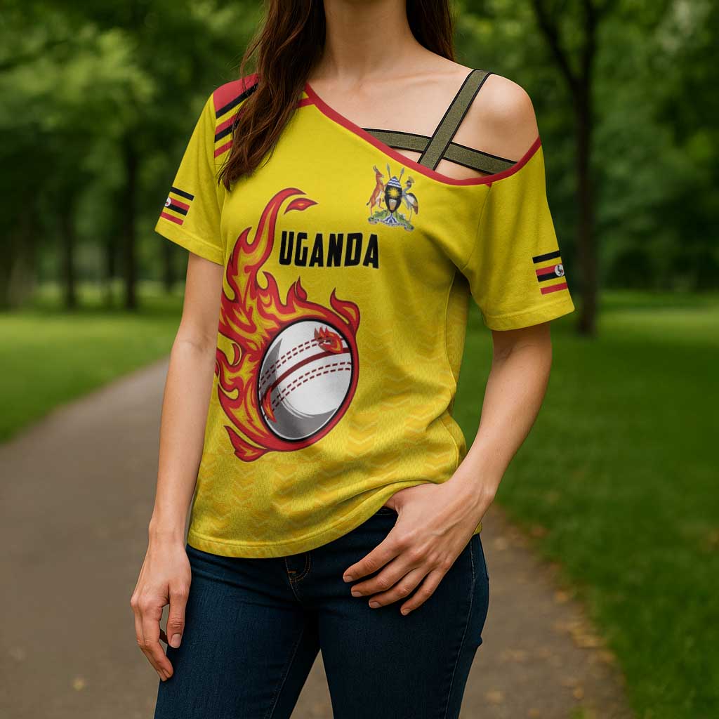 Uganda Cricket Custom Cross Shoulder Shirt Cranes Cricket Ball Fire - Wonder Print Shop