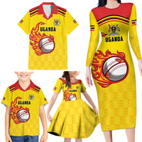 Uganda Cricket Custom Family Matching Long Sleeve Bodycon Dress and Hawaiian Shirt Cranes Cricket Ball Fire - Wonder Print Shop