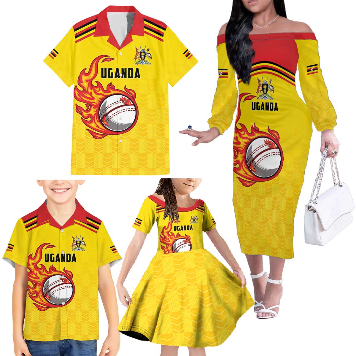 Uganda Cricket Custom Family Matching Off The Shoulder Long Sleeve Dress and Hawaiian Shirt Cranes Cricket Ball Fire - Wonder Print Shop