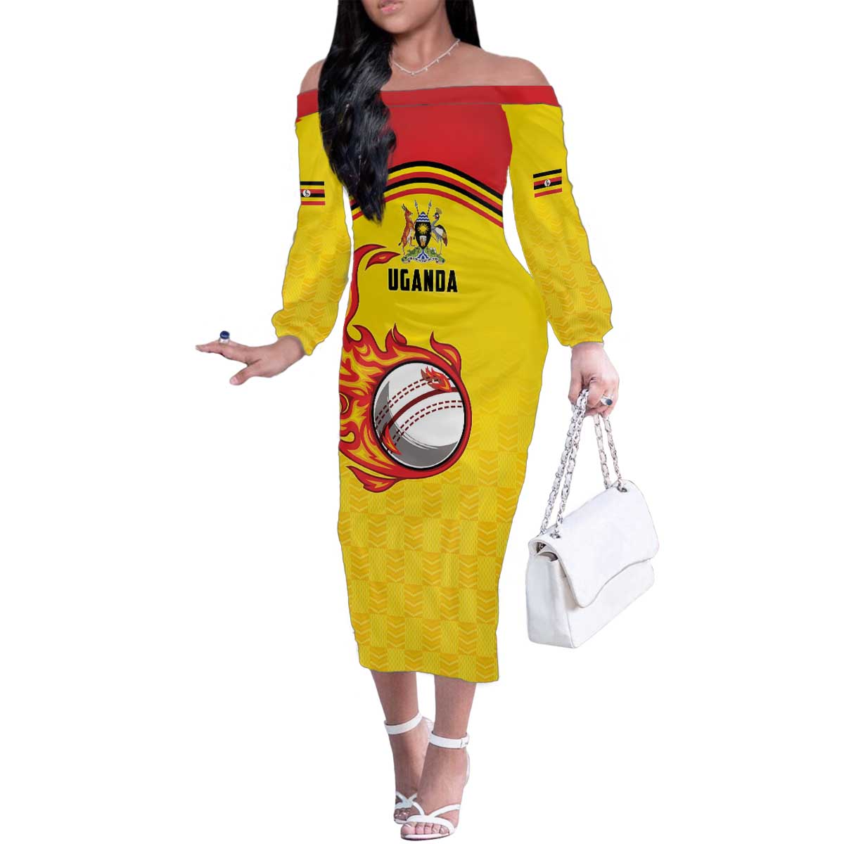 Uganda Cricket Custom Family Matching Off The Shoulder Long Sleeve Dress and Hawaiian Shirt Cranes Cricket Ball Fire - Wonder Print Shop