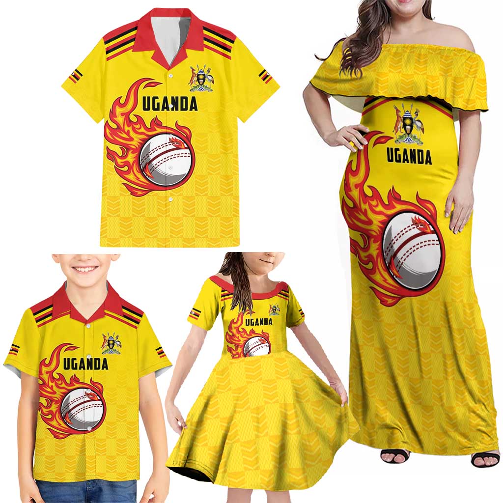Uganda Cricket Custom Family Matching Off Shoulder Maxi Dress and Hawaiian Shirt Cranes Cricket Ball Fire - Wonder Print Shop