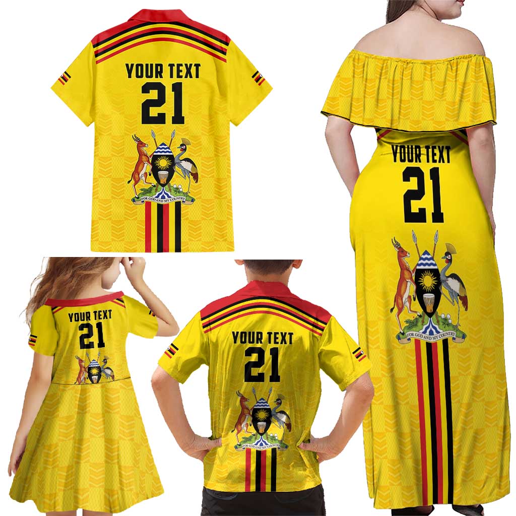 Uganda Cricket Custom Family Matching Off Shoulder Maxi Dress and Hawaiian Shirt Cranes Cricket Ball Fire - Wonder Print Shop