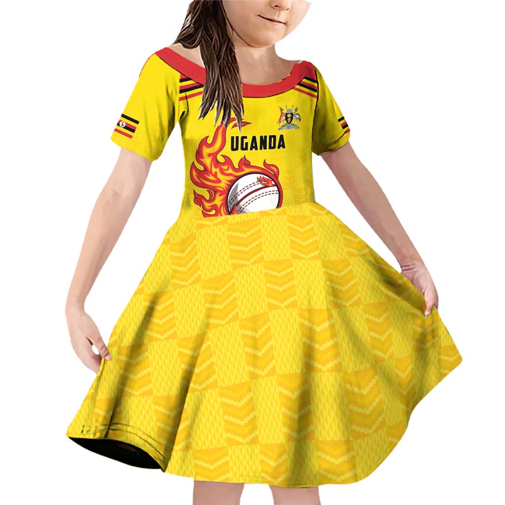 Uganda Cricket Custom Family Matching Off Shoulder Short Dress and Hawaiian Shirt Cranes Cricket Ball Fire - Wonder Print Shop