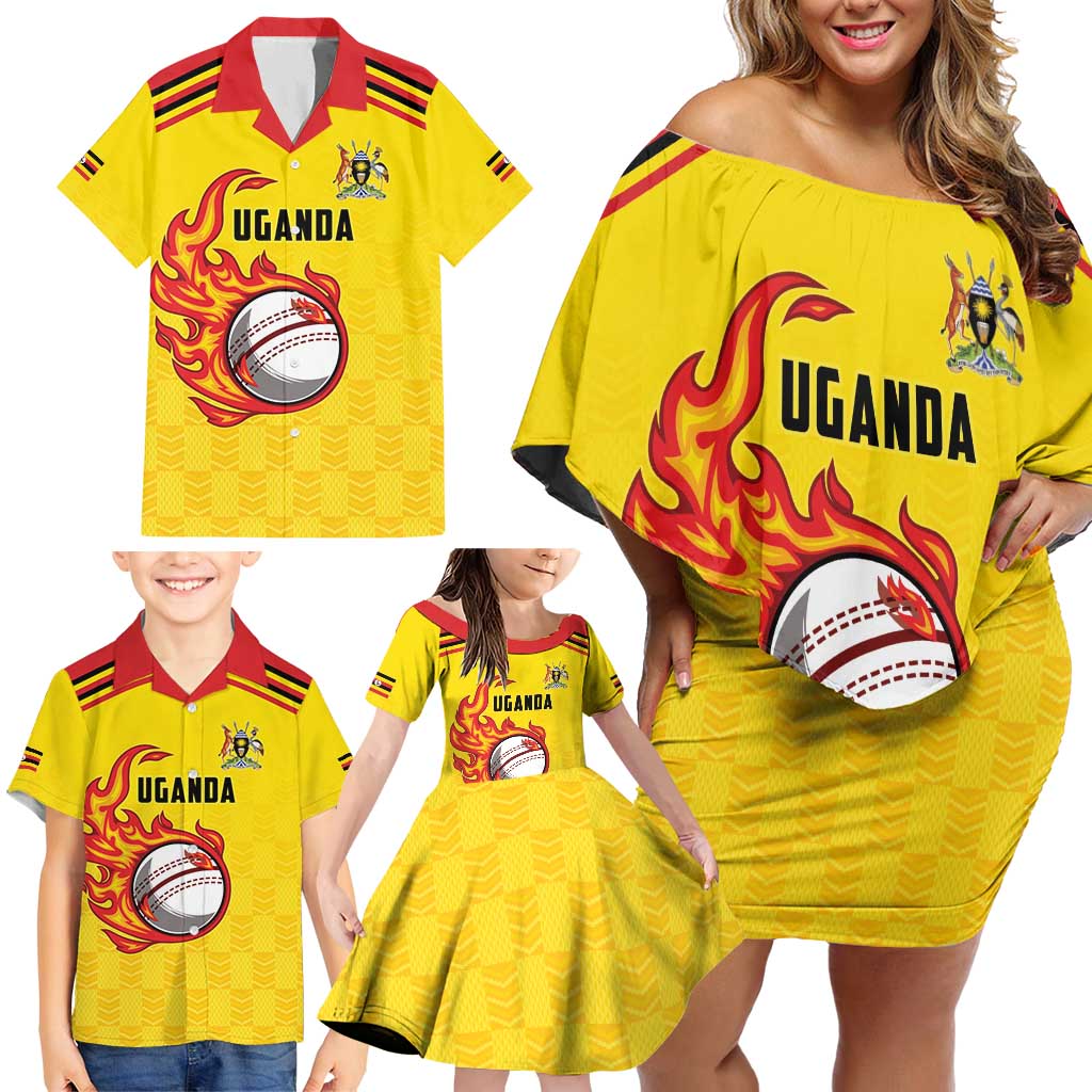 Uganda Cricket Custom Family Matching Off Shoulder Short Dress and Hawaiian Shirt Cranes Cricket Ball Fire - Wonder Print Shop
