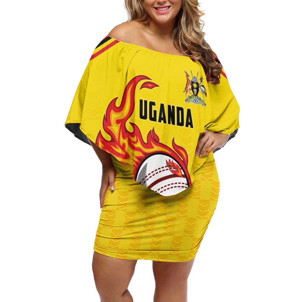 Uganda Cricket Custom Family Matching Off Shoulder Short Dress and Hawaiian Shirt Cranes Cricket Ball Fire - Wonder Print Shop