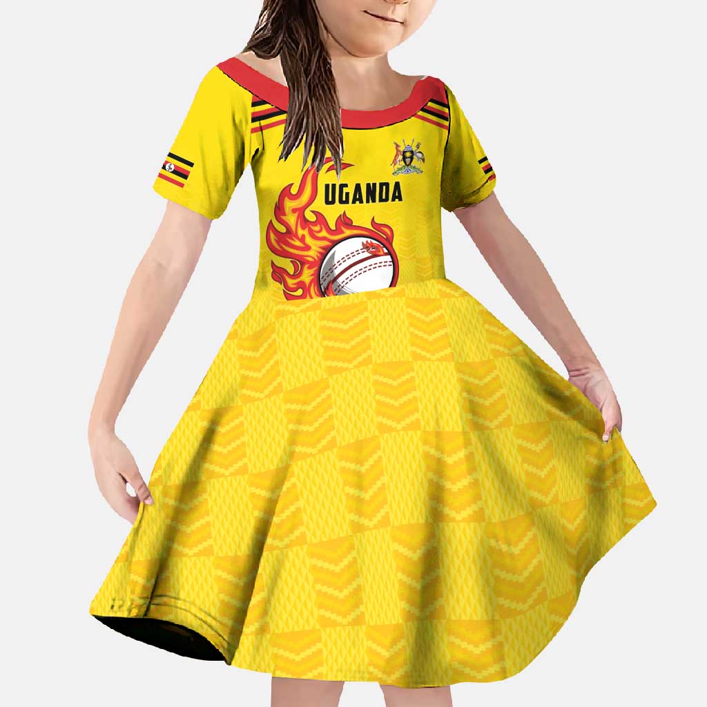 Uganda Cricket Custom Family Matching Short Sleeve Bodycon Dress and Hawaiian Shirt Cranes Cricket Ball Fire - Wonder Print Shop