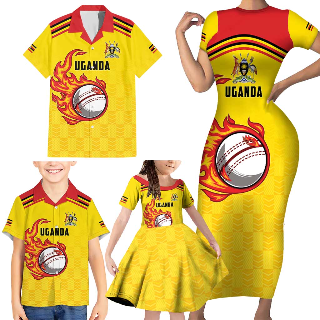 Uganda Cricket Custom Family Matching Short Sleeve Bodycon Dress and Hawaiian Shirt Cranes Cricket Ball Fire - Wonder Print Shop