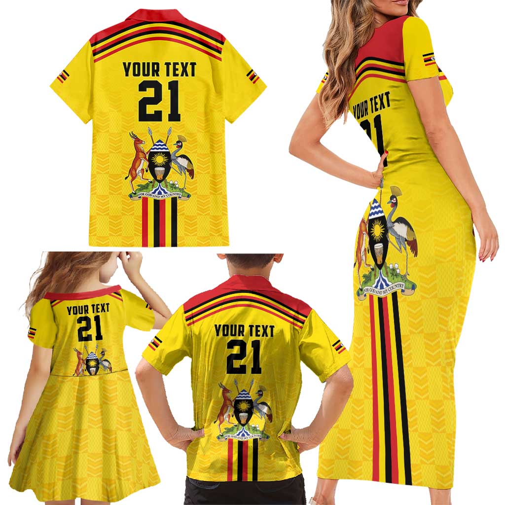 Uganda Cricket Custom Family Matching Short Sleeve Bodycon Dress and Hawaiian Shirt Cranes Cricket Ball Fire - Wonder Print Shop