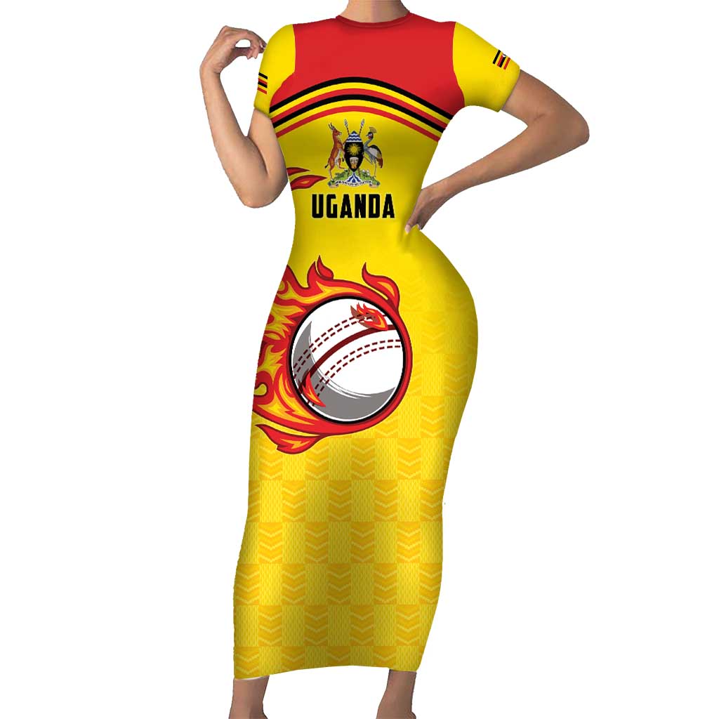 Uganda Cricket Custom Family Matching Short Sleeve Bodycon Dress and Hawaiian Shirt Cranes Cricket Ball Fire - Wonder Print Shop