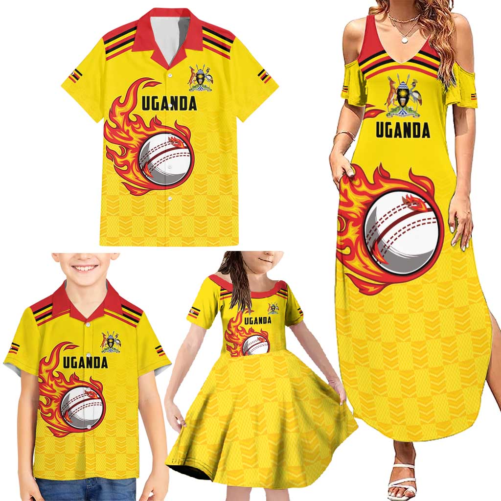 Uganda Cricket Custom Family Matching Summer Maxi Dress and Hawaiian Shirt Cranes Cricket Ball Fire - Wonder Print Shop