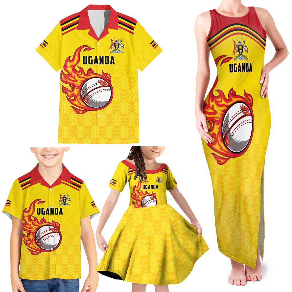 Uganda Cricket Custom Family Matching Tank Maxi Dress and Hawaiian Shirt Cranes Cricket Ball Fire - Wonder Print Shop