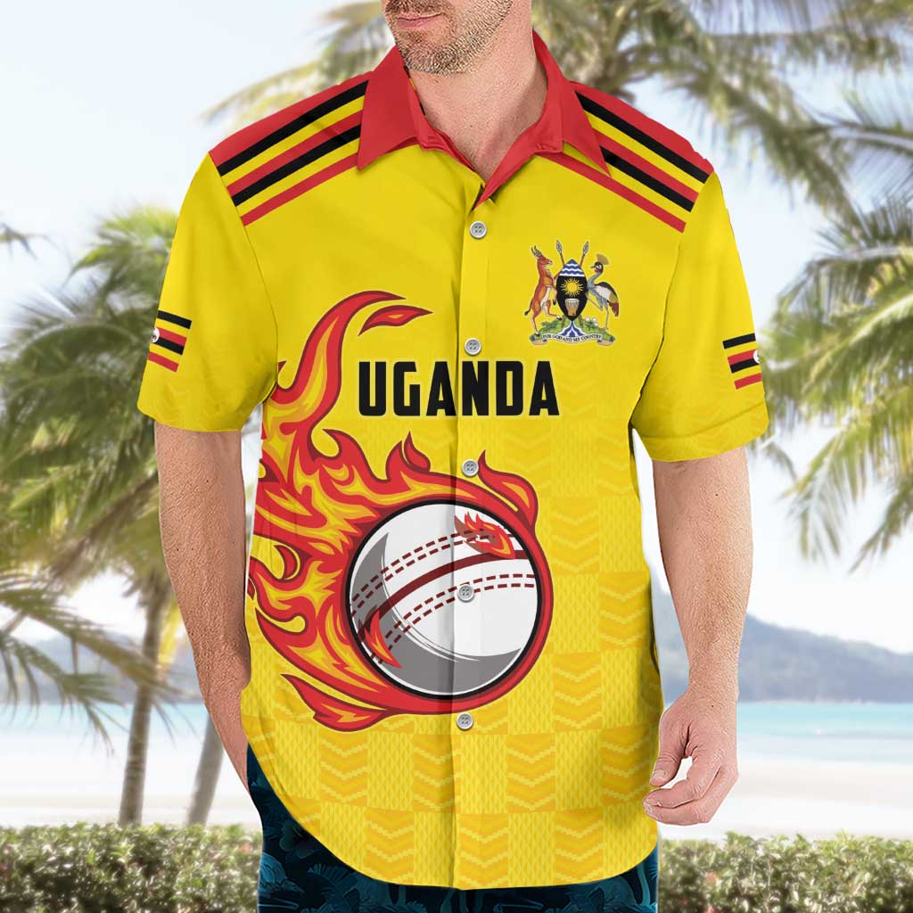 Uganda Cricket Custom Hawaiian Shirt Cranes Cricket Ball Fire - Wonder Print Shop