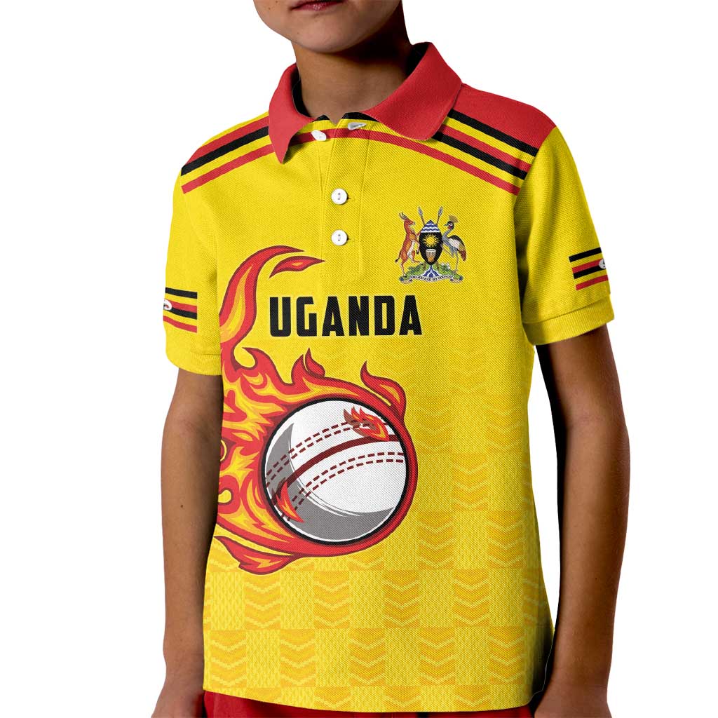 Uganda Cricket Custom Kid Polo Shirt Cranes Cricket Ball Fire - Wonder Print Shop