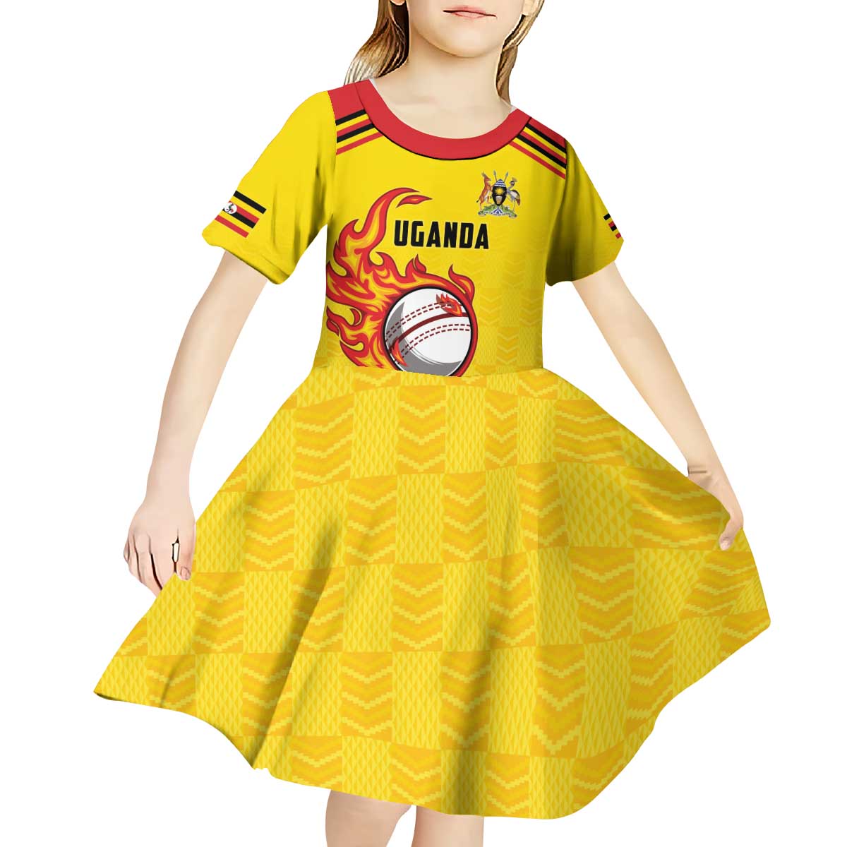 Uganda Cricket Custom Kid Short Sleeve Dress Cranes Cricket Ball Fire - Wonder Print Shop