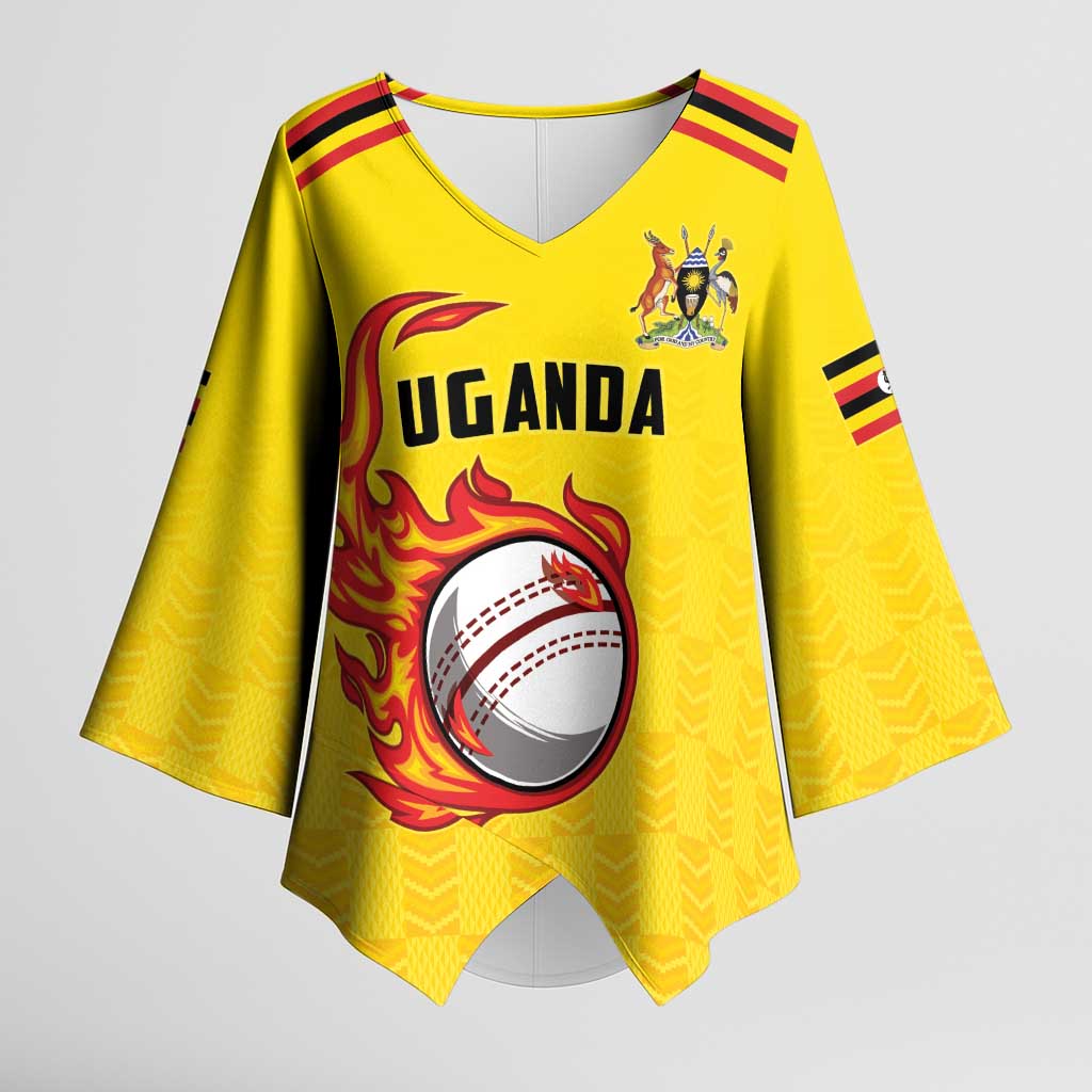 Uganda Cricket Custom Kimono Sleeve Blouse Cranes Cricket Ball Fire - Wonder Print Shop