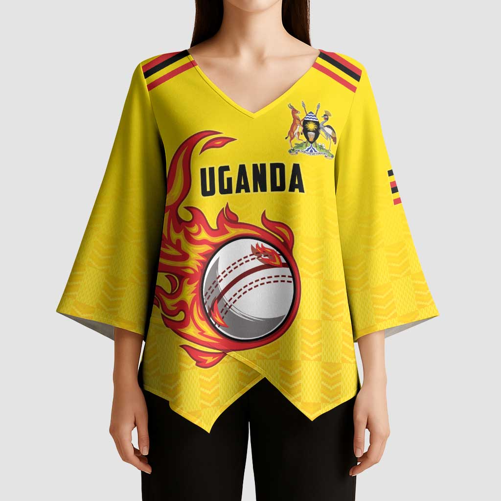 Uganda Cricket Custom Kimono Sleeve Blouse Cranes Cricket Ball Fire - Wonder Print Shop