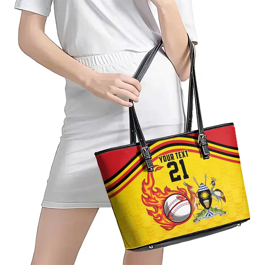 Uganda Cricket Custom Leather Tote Bag Cranes Cricket Ball Fire - Wonder Print Shop