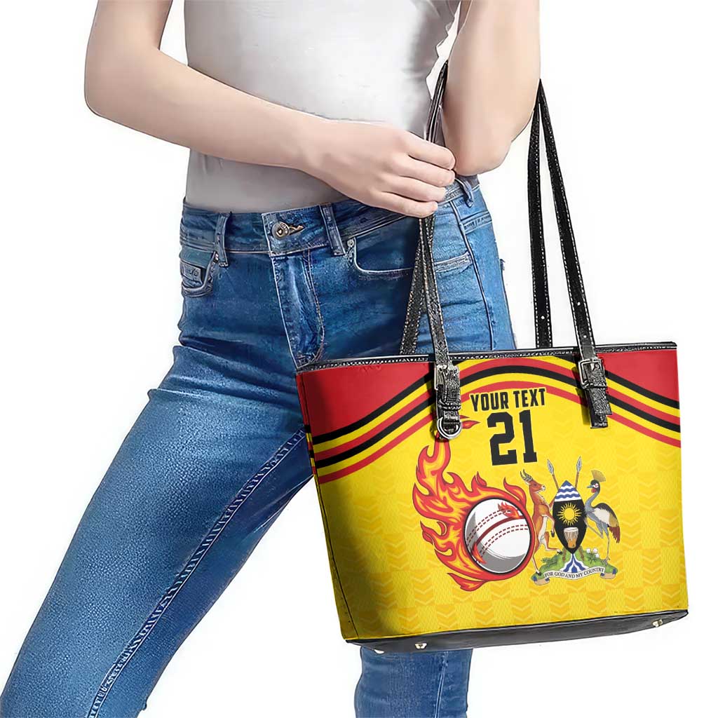 Uganda Cricket Custom Leather Tote Bag Cranes Cricket Ball Fire - Wonder Print Shop