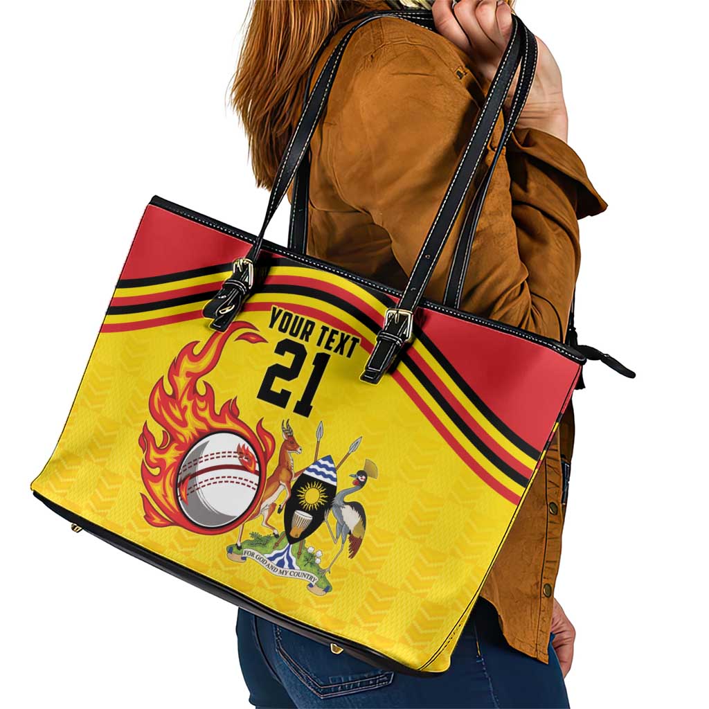 Uganda Cricket Custom Leather Tote Bag Cranes Cricket Ball Fire - Wonder Print Shop