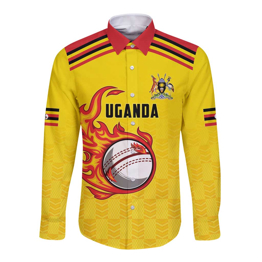 Uganda Cricket Custom Long Sleeve Button Shirt Cranes Cricket Ball Fire - Wonder Print Shop