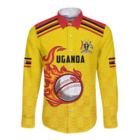 Uganda Cricket Custom Long Sleeve Button Shirt Cranes Cricket Ball Fire - Wonder Print Shop