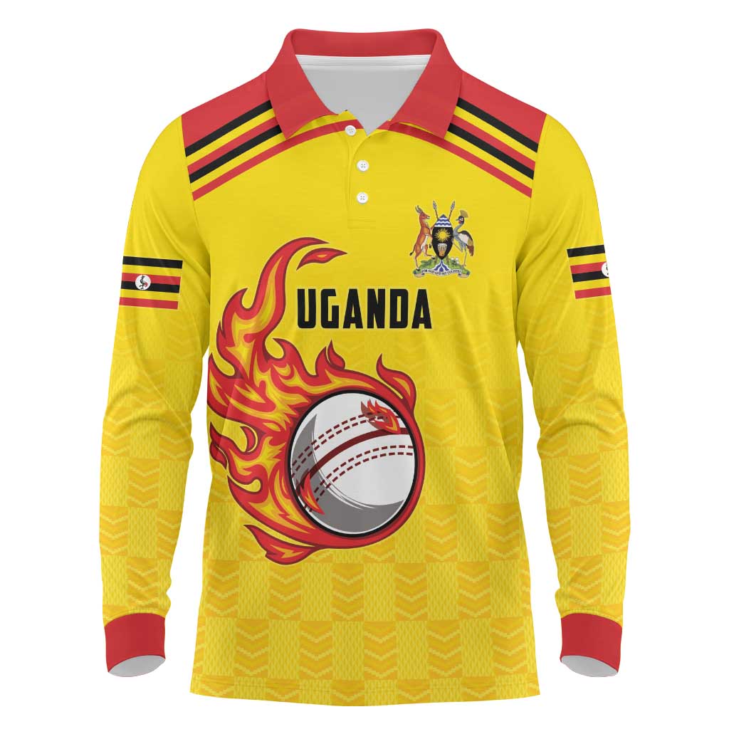 Uganda Cricket Custom Long Sleeve Polo Shirt Cranes Cricket Ball Fire - Wonder Print Shop
