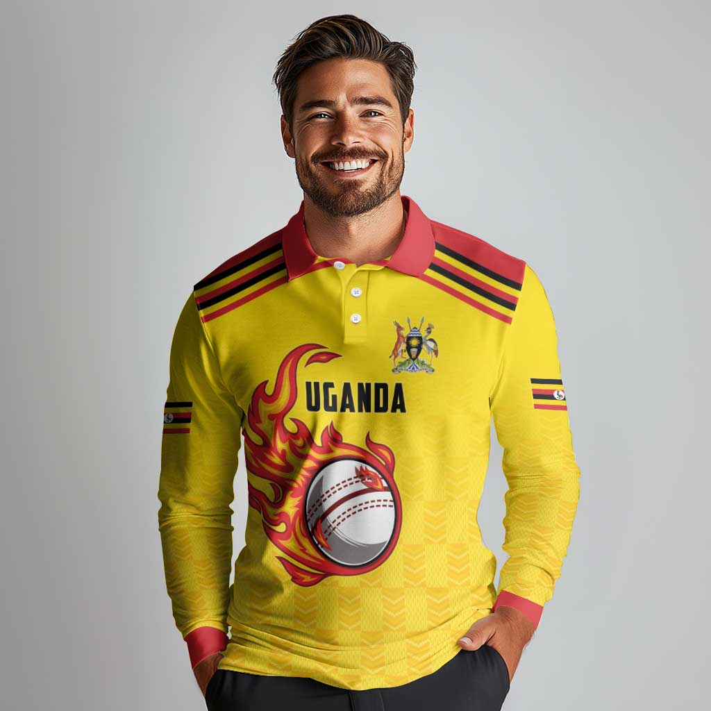 Uganda Cricket Custom Long Sleeve Polo Shirt Cranes Cricket Ball Fire - Wonder Print Shop