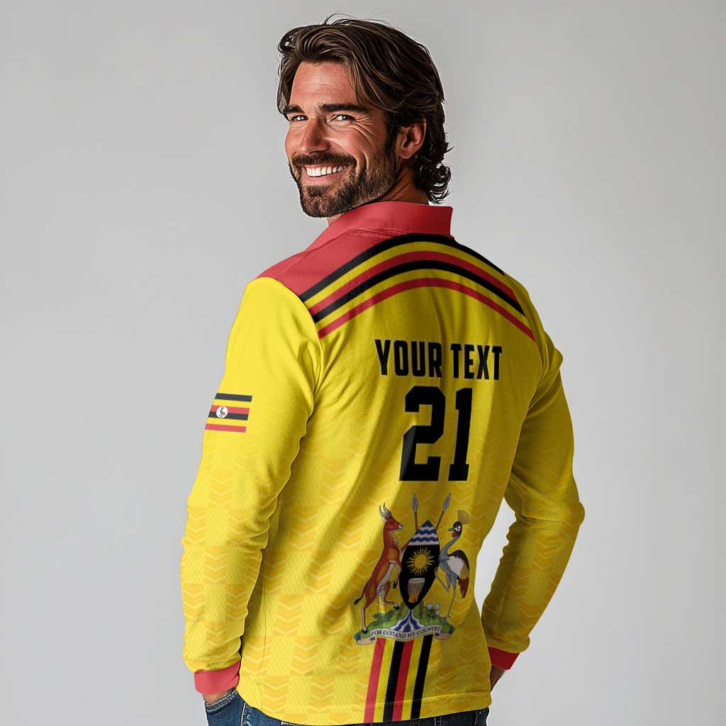 Uganda Cricket Custom Long Sleeve Polo Shirt Cranes Cricket Ball Fire - Wonder Print Shop