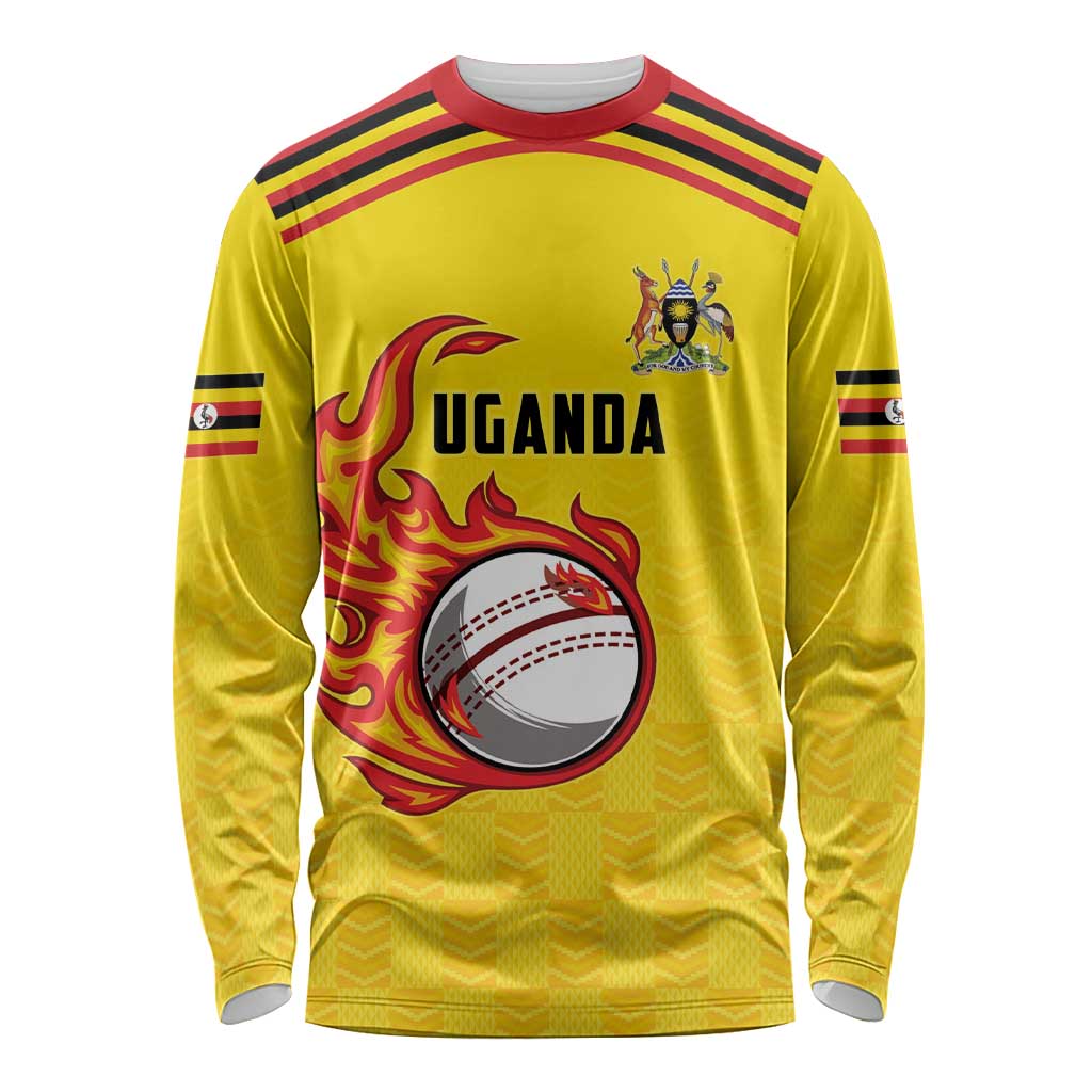Uganda Cricket Custom Long Sleeve Shirt Cranes Cricket Ball Fire - Wonder Print Shop