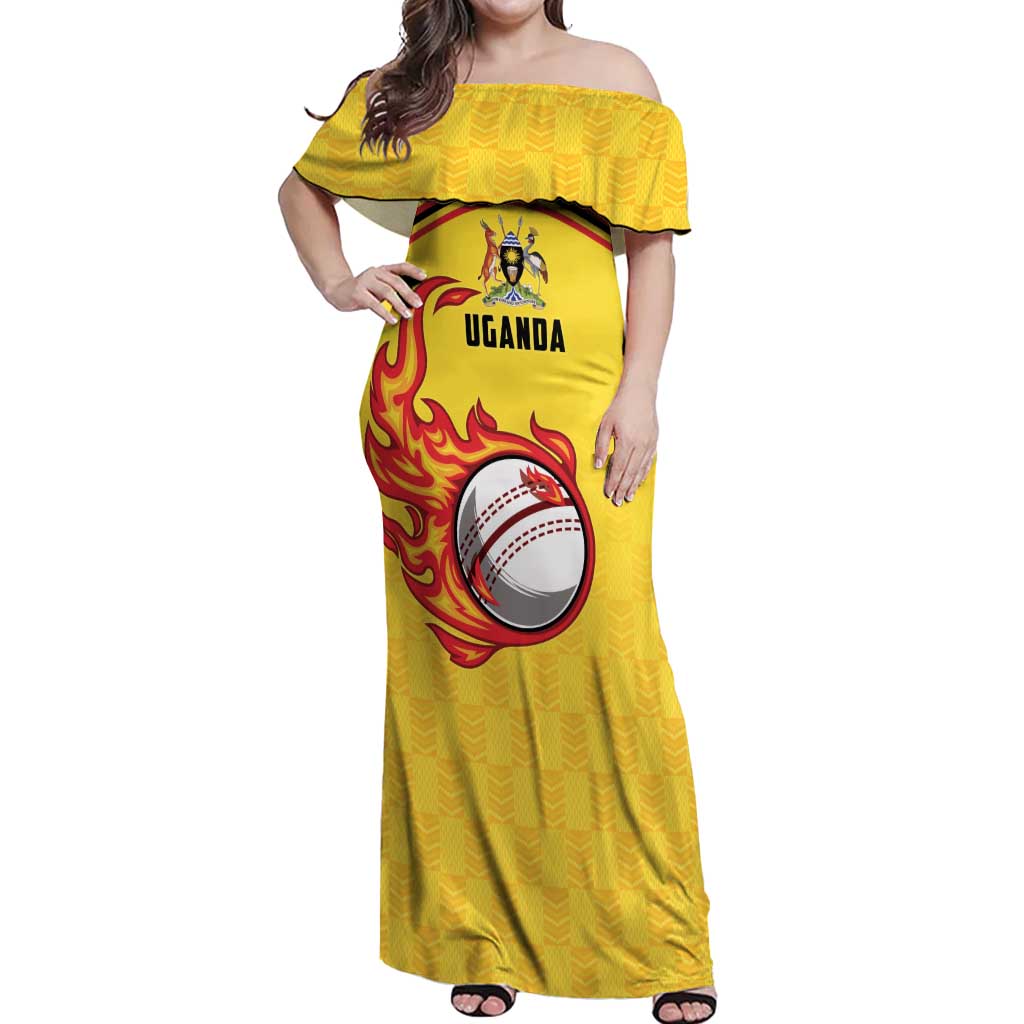 Uganda Cricket Custom Off Shoulder Maxi Dress Cranes Cricket Ball Fire - Wonder Print Shop