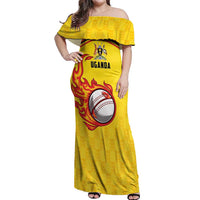Uganda Cricket Custom Off Shoulder Maxi Dress Cranes Cricket Ball Fire - Wonder Print Shop