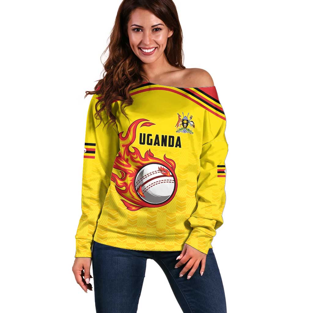 Uganda Cricket Custom Off Shoulder Sweater Cranes Cricket Ball Fire - Wonder Print Shop