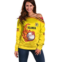 Uganda Cricket Custom Off Shoulder Sweater Cranes Cricket Ball Fire - Wonder Print Shop