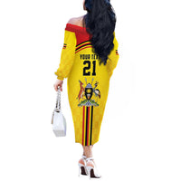 Uganda Cricket Custom Off The Shoulder Long Sleeve Dress Cranes Cricket Ball Fire - Wonder Print Shop